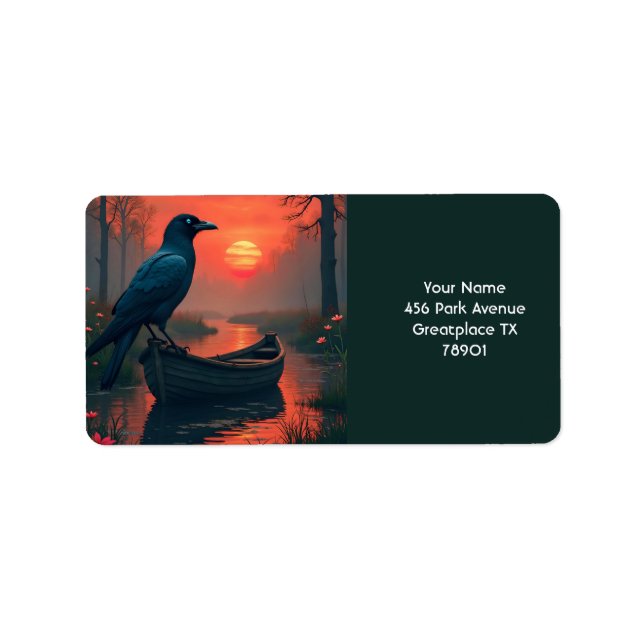 Fantasy Cute Sunset Boat Raven Adressetikett (Framsidan)