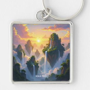 Fantasy Cute Sunset Islands Waterfalls Fyrkantig Silverfärgad Nyckelring