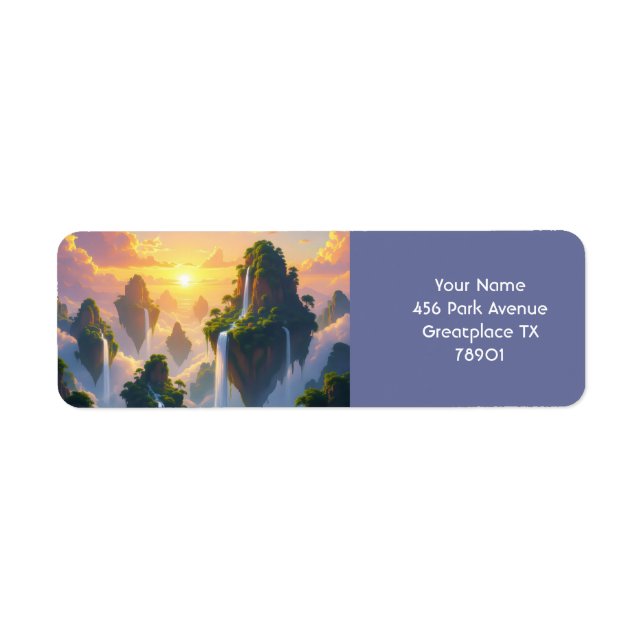 Fantasy Cute Sunset Islands Waterfalls Returadress Etikett (Framsidan)