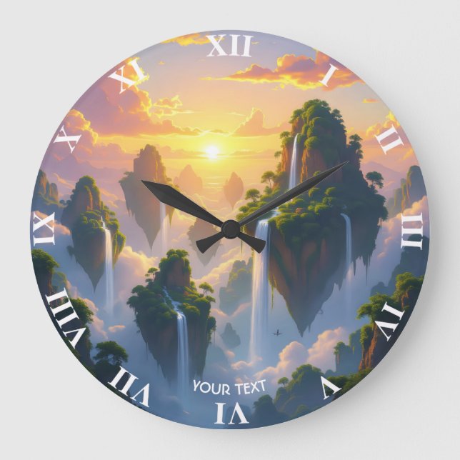 Fantasy Cute Sunset Islands Waterfalls Stor Klocka (Framsida)