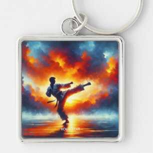 Fantasy Cute Sunset Karate Fighter Fyrkantig Silverfärgad Nyckelring