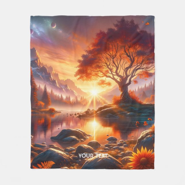 Fantasy Cute Sunset Orange Träd Fleecefilt (Framsidan)