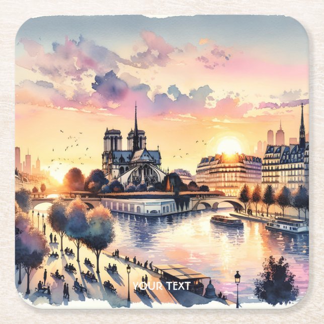 Fantasy Cute Sunset Paris Watercolor Underlägg Papper Kvadrat (Framsidan)
