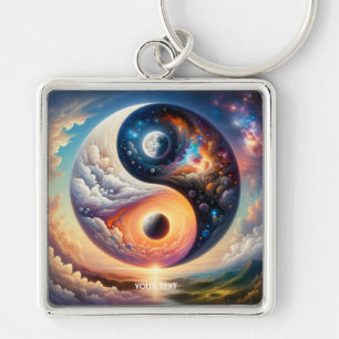Fantasy Cute Surreal Yin Yang Fyrkantig Silverfärgad Nyckelring