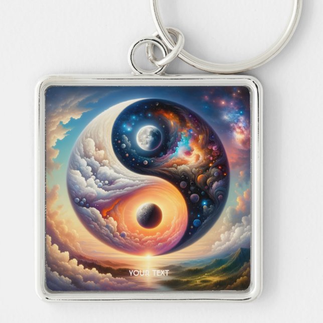 Fantasy Cute Surreal Yin Yang Fyrkantig Silverfärgad Nyckelring (Framsidan)