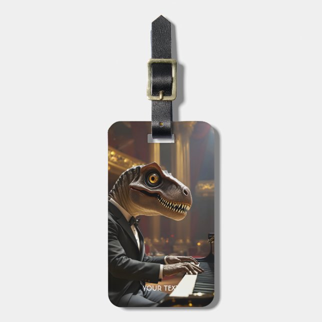 Fantasy Cute T-rex Playing Piano Bagagebricka (Vertikal Framsida)