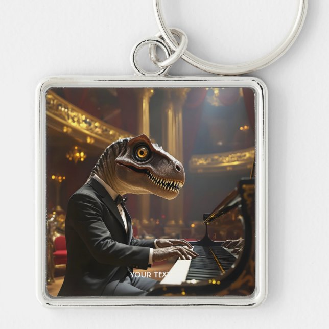 Fantasy Cute T-rex Playing Piano Fyrkantig Silverfärgad Nyckelring (Framsidan)
