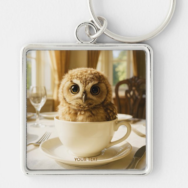 Fantasy Cute Tea Owl Baby Fyrkantig Silverfärgad Nyckelring (Framsidan)