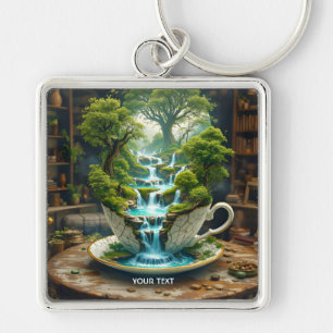 Fantasy Cute Tekopp Flytande liggande Fyrkantig Silverfärgad Nyckelring