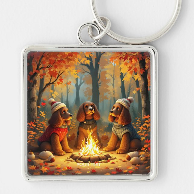 Fantasy Cute Three Autumn Hundar Fyrkantig Silverfärgad Nyckelring (Framsidan)
