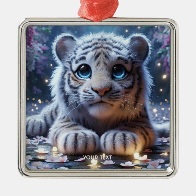 Fantasy Cute Tiger White Baby Julgransprydnad Metall (Framsidan)
