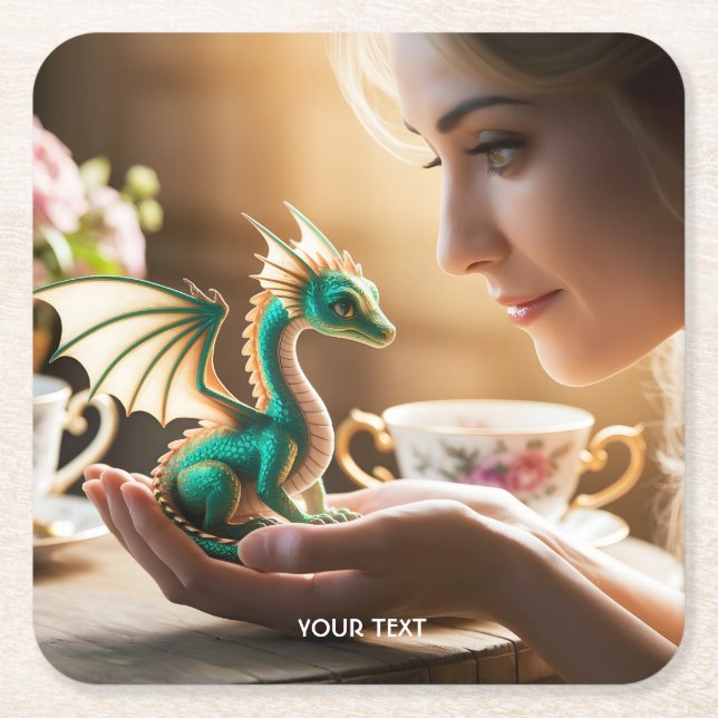 Fantasy Cute Tiny Iridescent Dragon Underlägg Papper Kvadrat (Framsidan)