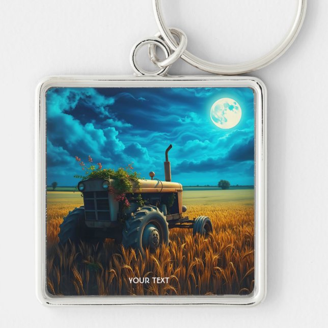 Fantasy Cute Tractor Måne Fält Fyrkantig Silverfärgad Nyckelring (Framsidan)