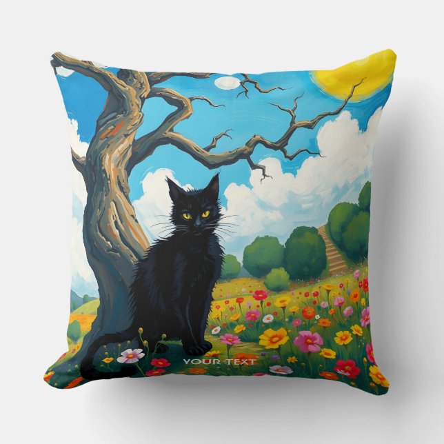 Fantasy Cute Träd Cat Flowers Kudde (Framsida)