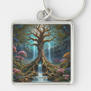 Fantasy Cute Träd Waterfall Forest Fyrkantig Silverfärgad Nyckelring