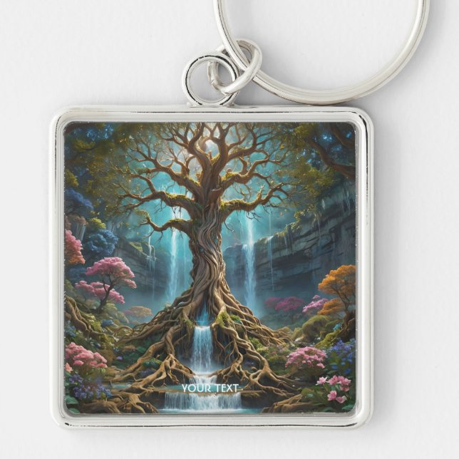 Fantasy Cute Träd Waterfall Forest Fyrkantig Silverfärgad Nyckelring (Framsidan)