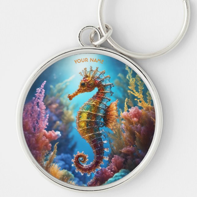 Fantasy Cute Transparent Crystal Seahorse Rund Silverfärgad Nyckelring (Framsidan)