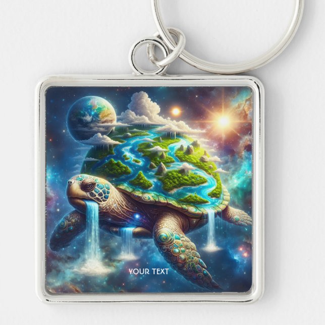 Fantasy Cute Turtle Space Earth Fyrkantig Silverfärgad Nyckelring (Framsidan)