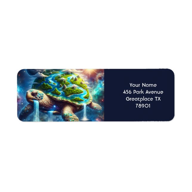 Fantasy Cute Turtle Space Earth Returadress Etikett (Framsidan)