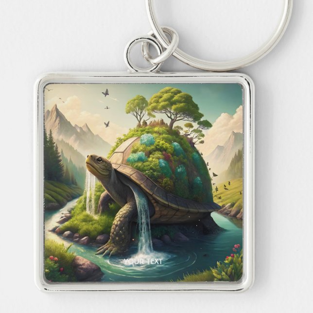 Fantasy Cute Turtle Waterfall Forest Fyrkantig Silverfärgad Nyckelring (Framsidan)