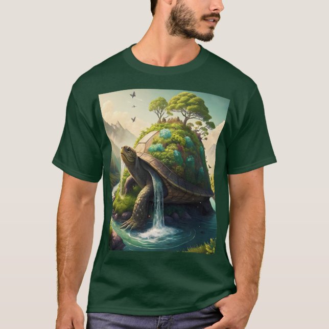 Fantasy Cute Turtle Waterfall Forest T Shirt (Framsida)
