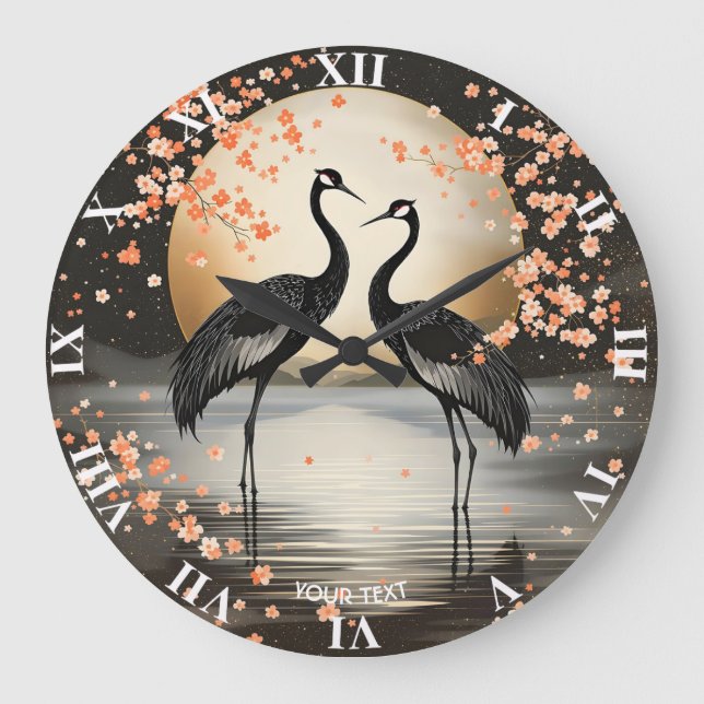 Fantasy Cute Two Black Cranes Stor Klocka (Framsida)