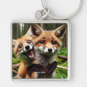 Fantasy Cute Two Foxes Forest Fyrkantig Silverfärgad Nyckelring