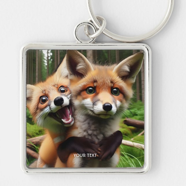 Fantasy Cute Two Foxes Forest Fyrkantig Silverfärgad Nyckelring (Framsidan)