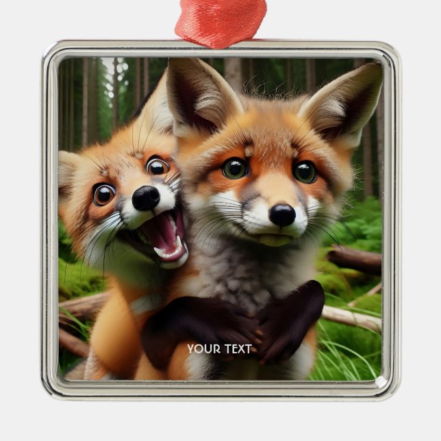 Fantasy Cute Two Foxes Forest Julgransprydnad Metall (Framsidan)