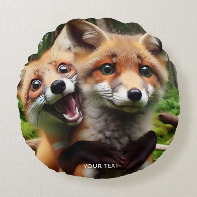 Fantasy Cute Two Foxes Forest Rund Kudde (Framsidan)