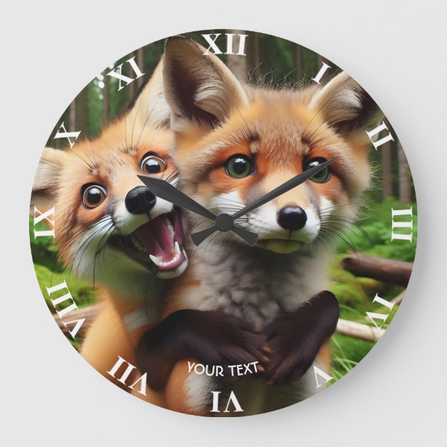 Fantasy Cute Two Foxes Forest Stor Klocka (Framsida)