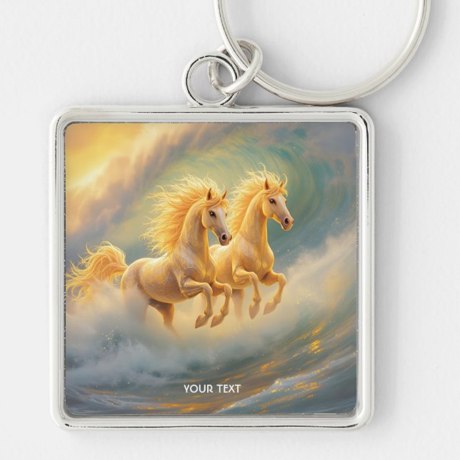 Fantasy Cute Two Horses Wave Fyrkantig Silverfärgad Nyckelring (Framsidan)