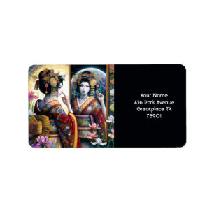 Fantasy Cute Two Japansk Dam Adressetikett