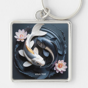 Fantasy Cute Two Koi Fish Fyrkantig Silverfärgad Nyckelring