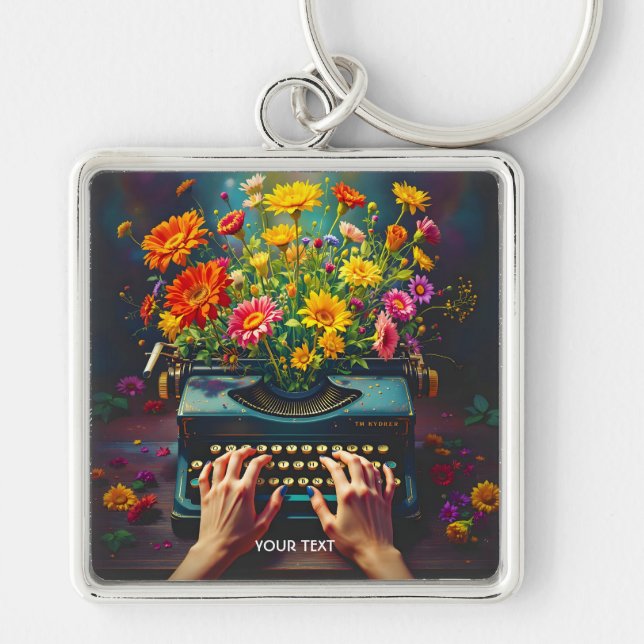 Fantasy Cute Typewriter Flowers Händer Fyrkantig Silverfärgad Nyckelring (Framsidan)