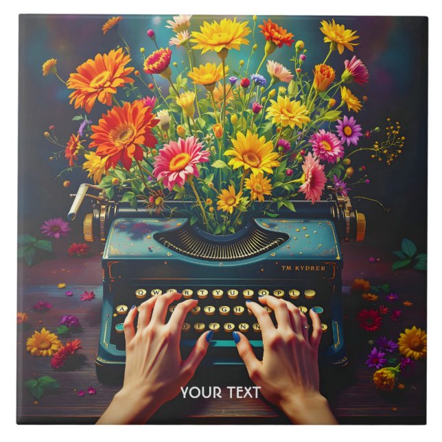 Fantasy Cute Typewriter Flowers Händer Kakelplatta (Framsidan)