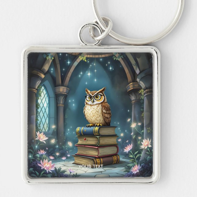 Fantasy Cute Uggla Glasses Bokar Fyrkantig Silverfärgad Nyckelring (Framsidan)