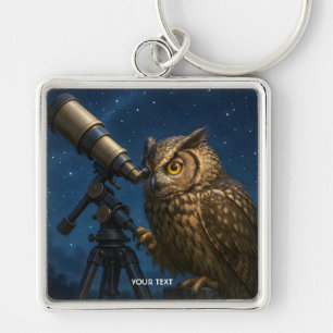 Fantasy Cute Uggla Telescope Natt Fyrkantig Silverfärgad Nyckelring