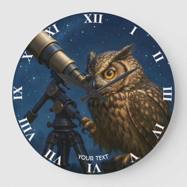 Fantasy Cute Uggla Telescope Natt Stor Klocka (Framsida)