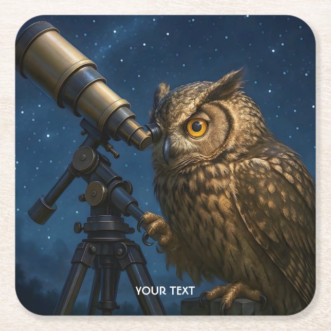 Fantasy Cute Uggla Telescope Natt Underlägg Papper Kvadrat (Framsidan)