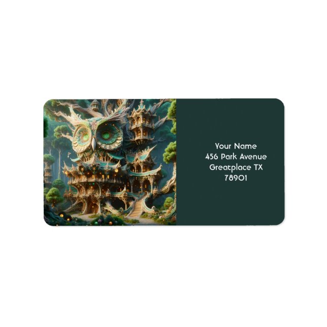 Fantasy Cute Uggla Träd House Adressetikett (Framsidan)