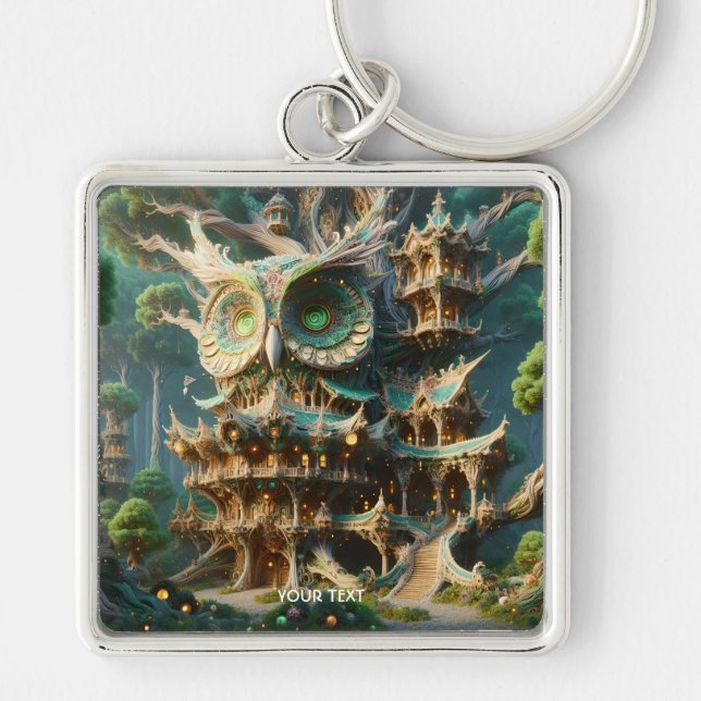 Fantasy Cute Uggla Träd House Fyrkantig Silverfärgad Nyckelring (Framsidan)