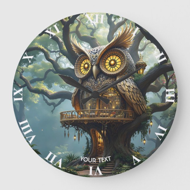 Fantasy Cute Uggla Träd Stor Klocka (Framsida)