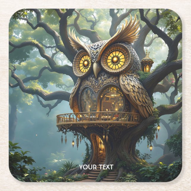 Fantasy Cute Uggla Träd Underlägg Papper Kvadrat (Framsidan)