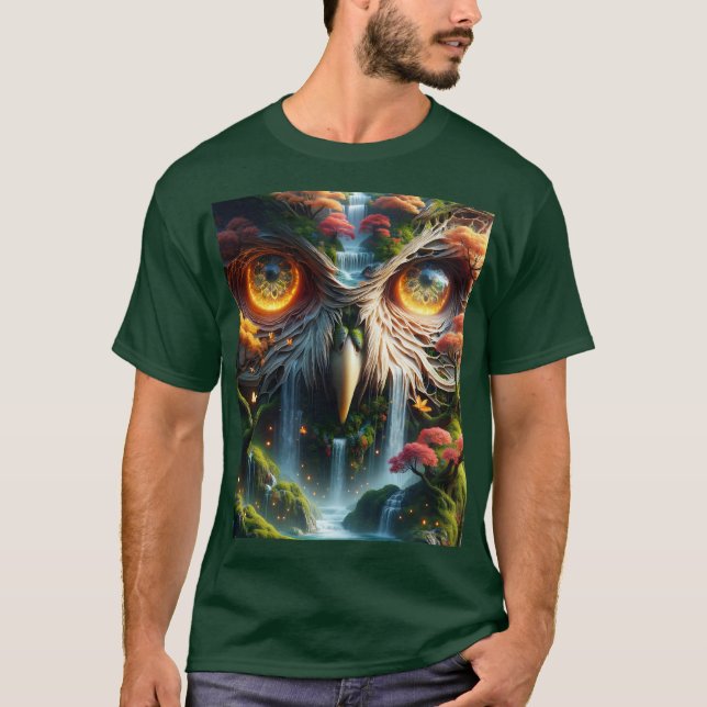 Fantasy Cute Uggla Waterfall Träd T Shirt (Framsida)