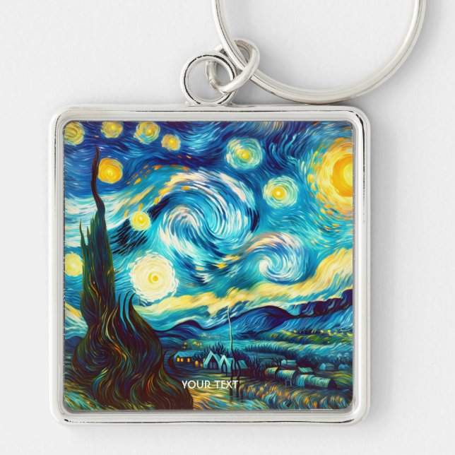 Fantasy Cute Van Gogh Inspired Fyrkantig Silverfärgad Nyckelring (Framsidan)