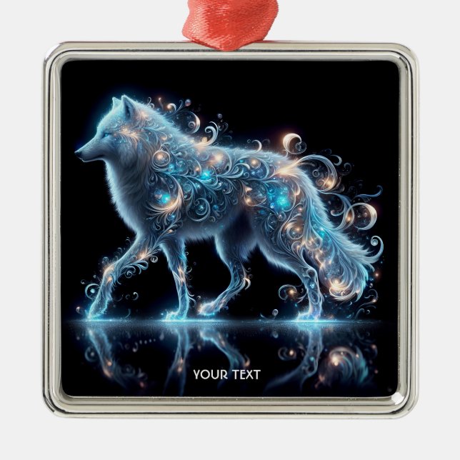 Fantasy Cute Varg Blue Reflection Julgransprydnad Metall (Framsidan)