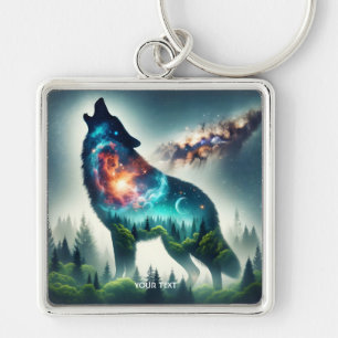 Fantasy Cute Varg Forest Space Fyrkantig Silverfärgad Nyckelring