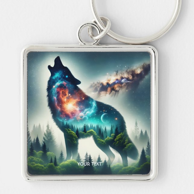 Fantasy Cute Varg Forest Space Fyrkantig Silverfärgad Nyckelring (Framsidan)