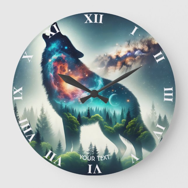 Fantasy Cute Varg Forest Space Stor Klocka (Framsida)